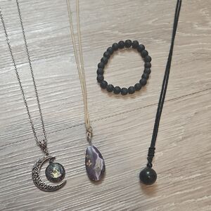 Moon, Purple Agate, & Black Obsidian Pendant Necklace Set + Lava Bracelet